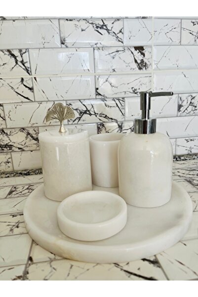 SAMTAŞ Λευκό μαρμάρινο σετ μπάνιου 5 τεμαχίων με ασημένια αξεσουάρ