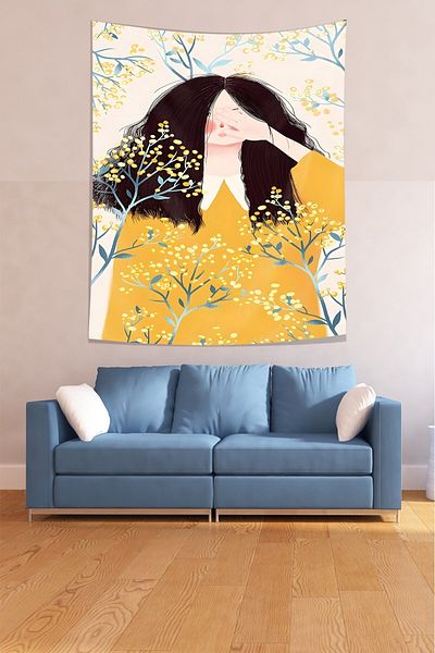 on the clouds Single Eye Covering Girl Spring Theme Mimosa Flower Stain Resistant Fabric Wall Cover Wall Tapestry Tapestry