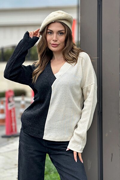 Juuuj Bluză pulover cu mânecă lungă blocată cu decolteu în V, antracit și bej-gri, stil casual