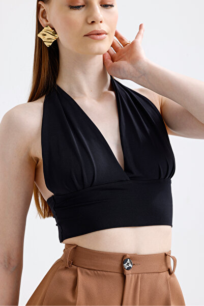 Elia Moda Kadın Siyah Boyundan Bağlamalı Sırt Dekolteli Sandy Crop Bluz
