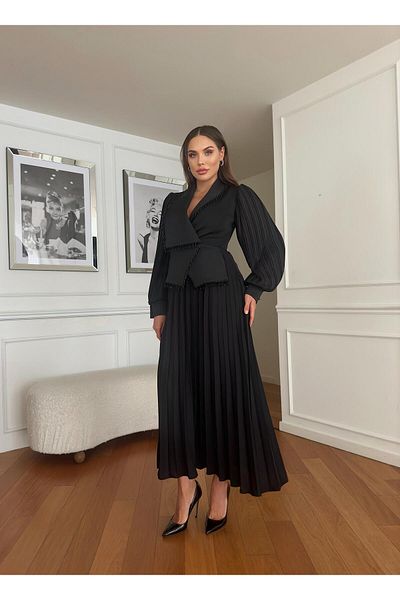 1Moda1Tarz Γυναικείο εισαγόμενο ύφασμα με πλισέ πέτρα με κεντημένο μανίκι με λεπτομέρεια ειδικής σχεδίασης μάξι φόρεμα με επένδυση