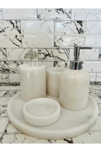 SAMTAŞ White 5-Piece Marble Bathroom Set with Silver Accessories