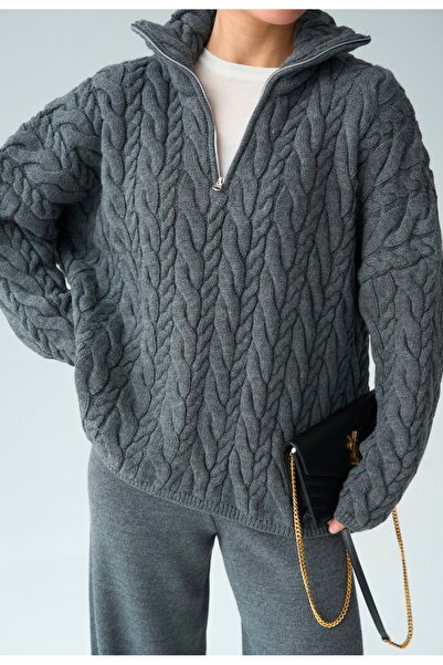 Qu Style Kamyoner Yaka Saç Örgüsü Bordo Kazak