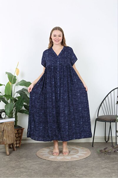Şans Women's Plus Size Navy Blue Woven Viscose Length Button-Down Side Slit Long Dress with Pockets 65N38734