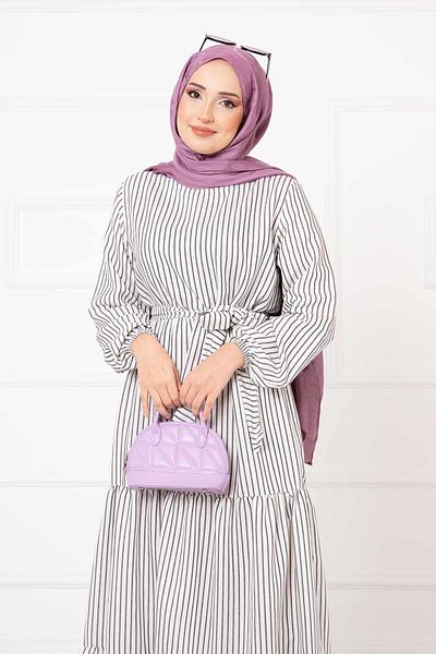 EBRUTESETTÜR Linen Hijab Dress with Striped Mobile Belt