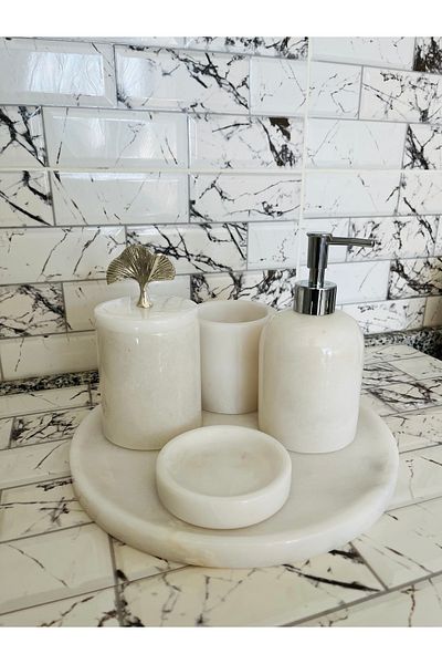 SAMTAŞ White 5-Piece Marble Bathroom Set with Silver Accessories