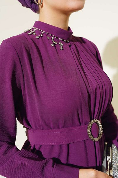 moda periy Women's Jewelled Collar Pleated Tunic Pants Suit Hijab Combination