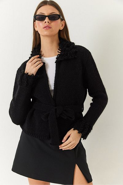 Bianco Lucci Women's Neck and Sleeve Tasseled Knitwear Cardigan 20246335
