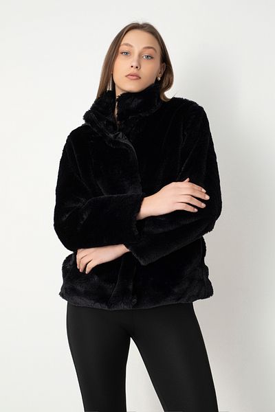 DOFİ Dofi Women &Apos; S Black Plush Coat with Snap Fasteners, Pockets, Soft and Stylish