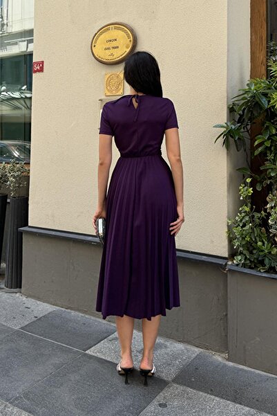Mossta Purple Midi Dress - Double Breasted Neckline and Pleated Belt
