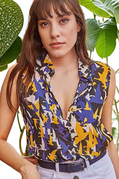 Juuuj Bluză de damă, cu model multicolor, cu guler clasic, cu mânecă lungă, croială obișnuită, lungime standard