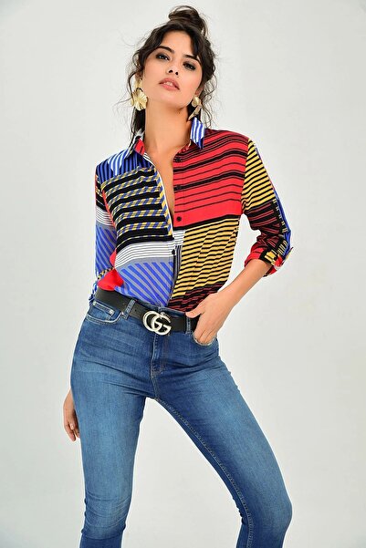 Juuuj Guler clasic multicolor pentru femei, model grafic, mânecă lungă, croială normala, cămașă cu lungime standard