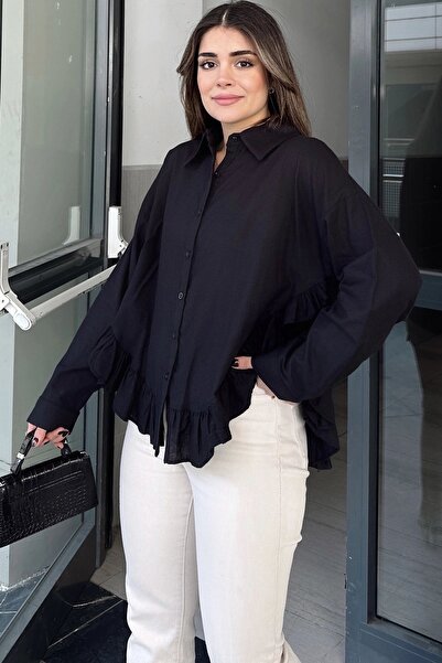 Juuuj Kadın Siyah Eteği Fırfır Ve Yırtmaç Detaylı, Terletmez Rahat Kumaş, Salaş Gömlek ( Pamuklu Keten)