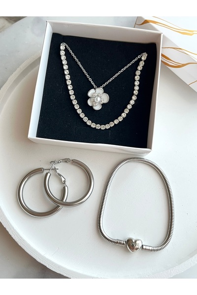 H&T acsessories 4lü Çelik Gümüş Takı Seti Sevgililer Günü Hediyesi Özel Takı Kutusu İle Gönderilecektir