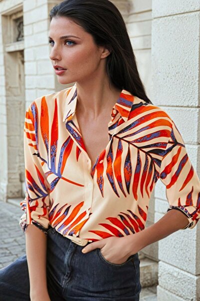 Juuuj Cămașă ecru, cu model de frunze colorate, cu croiala obișnuită