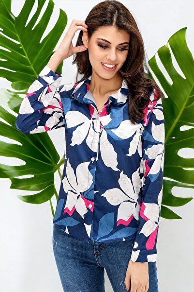 Juuuj Cămașă din poliester cu model floral albastru bleumarin pentru femei - ...