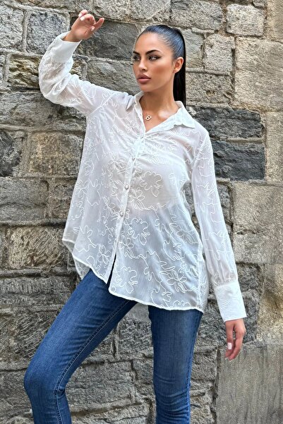 Juuuj Bluză din șifon înfășurată brodat ecru