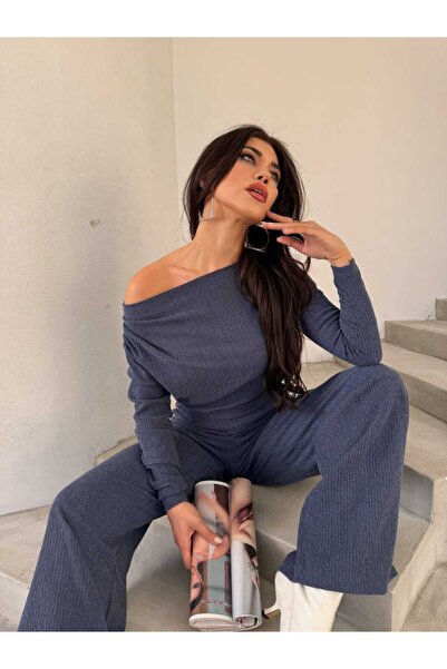Xenthe Kadın Alt-Üst İndigo Tek Omuzu Açık Pantolon-Bluz Takım