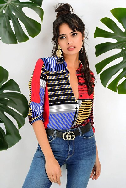 Juuuj Guler clasic multicolor pentru femei, model grafic, mânecă lungă, croială normala, cămașă cu lungime standard