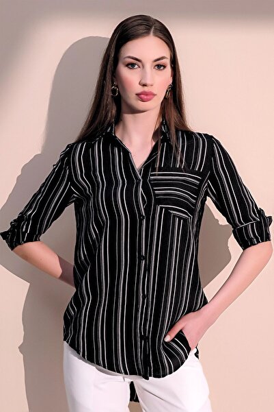 Juuuj Γυναικείο μαύρο μακρυμάνικο ειδικό υφασμάτινο πουκάμισο μονής τσέπης όρ...