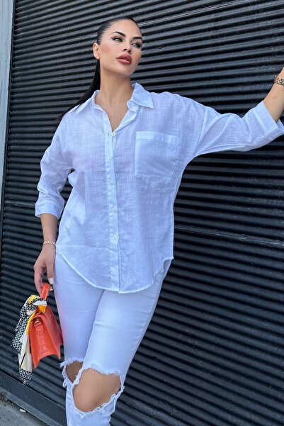 Juuuj Cămașă de damă albă cu mâneci trei sferturi, croială ovală, anti-transp...