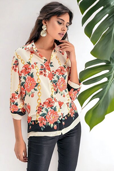 Juuuj Cămașă cu mânecă lungă cu model bej în stil modern pentru femei