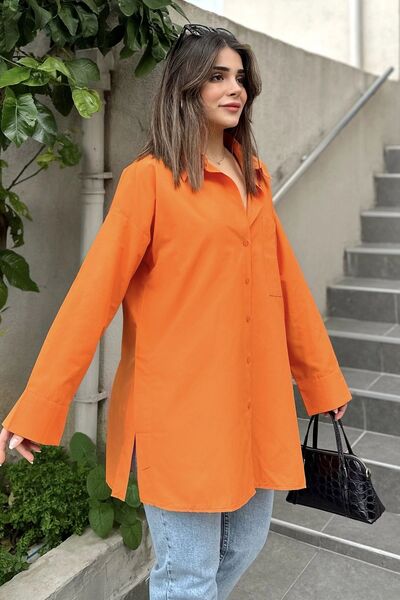 Juuuj Țesătură Tericotone portocalie pentru femei, cu fantă, cămașă lungă confortabilă