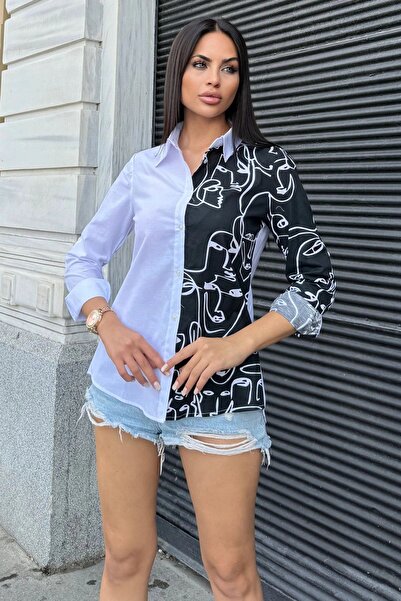 Juuuj Cămașă de damă, albă, cu model în două culori, cu mânecă lungă, croială standard