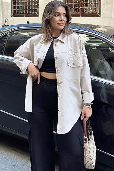 Juuuj Cămașă de damă bej cu apărătoare și detalii cu știfturi, croială lejeră, anti-transpirație, din poplin