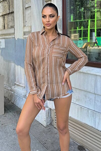 Juuuj Γυναικείο καφέ μακρυμάνικο ειδικό υφασμάτινο πουκάμισο μονής τσέπης όρθ...