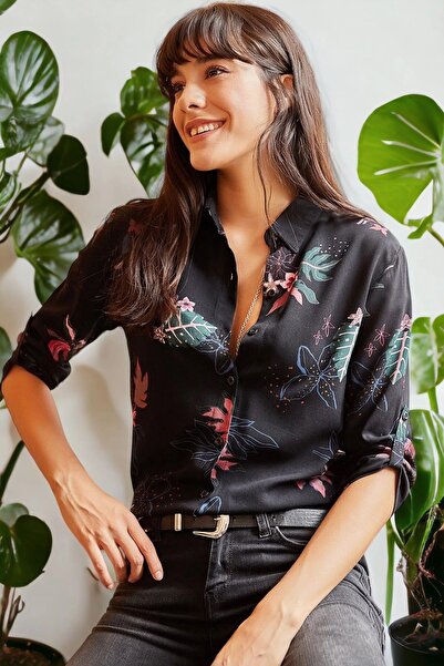 Juuuj Kadın Siyah Uzun Kol çiçek desenli Regular Kesim Standart Boy Gömlek