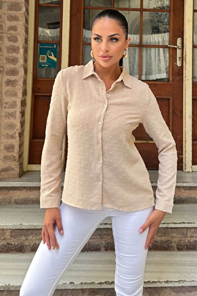 Juuuj Women's Beige Anti-Sweat Pompom Special Fabric, Fit Cut, Long Sleeve Shirt