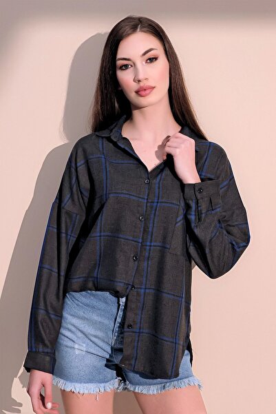 Juuuj Kadın Antrasit & Mavi Uzun Kol Ekose Desenli Yumuşak Dokulu Oversize Ke...