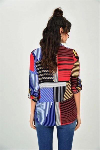 Juuuj Guler clasic multicolor pentru femei, model grafic, mânecă lungă, croială normala, cămașă cu lungime standard