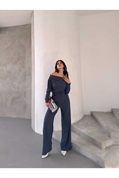 Xenthe Kadın Alt-Üst İndigo Tek Omuzu Açık Pantolon-Bluz Takım