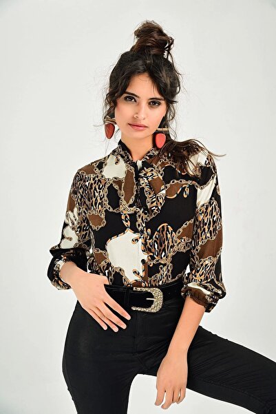 Juuuj Cămașă cu model pentru femei, cu guler special, cu mâneci lungi, cu croiala obișnuită