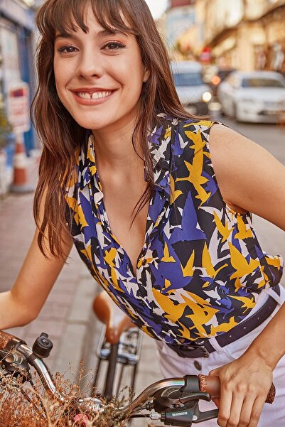 Juuuj Bluză de damă, cu model multicolor, cu guler clasic, cu mânecă lungă, croială obișnuită, lungime standard