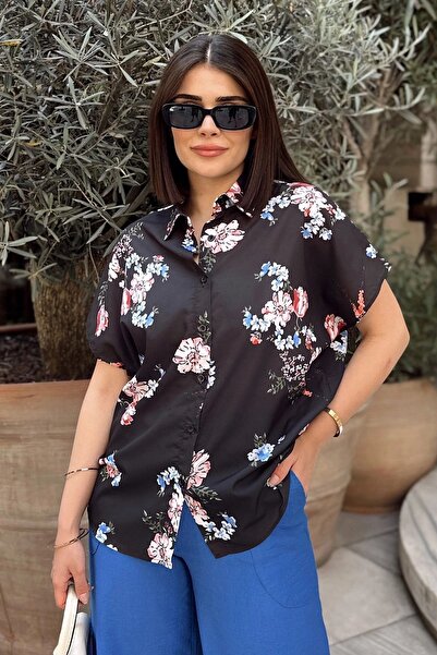 Juuuj Μαύρο & μπλε κλασικό γιακά, κοντό μανίκι, ψηφιακό τυπωμένο ύφασμα, κανο...