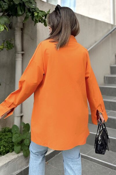 Juuuj Țesătură Tericotone portocalie pentru femei, cu fantă, cămașă lungă confortabilă