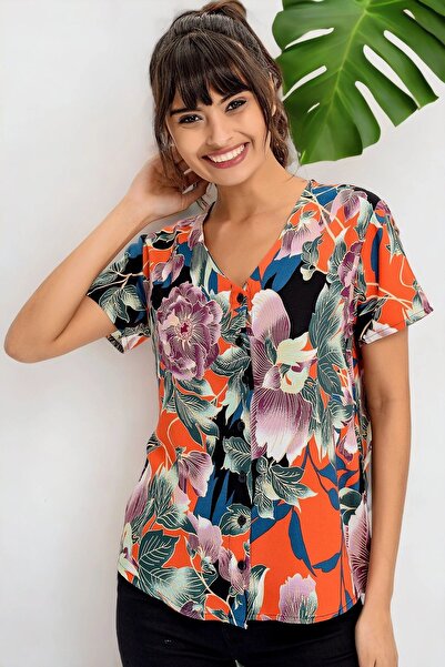 Juuuj Kadın Mor Çiçek Desenli, Kısa Kol Gömlek (Düz Kesim, Standart Boy)