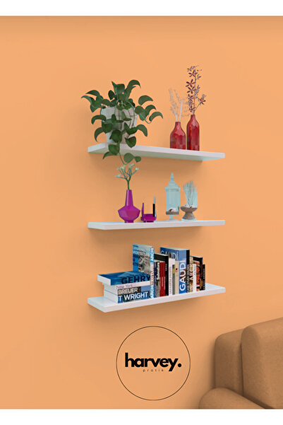 Harvey Beyaz Renk 3 Adet Uçan Raf - Duvar Rafı - Ahşap Raf