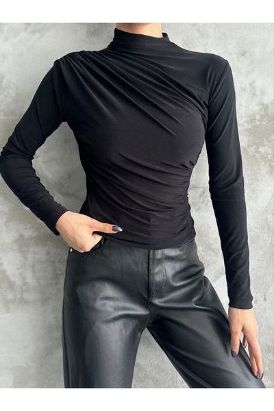 sportiness Μαύρη μπλούζα με γιακά με ντραπέ