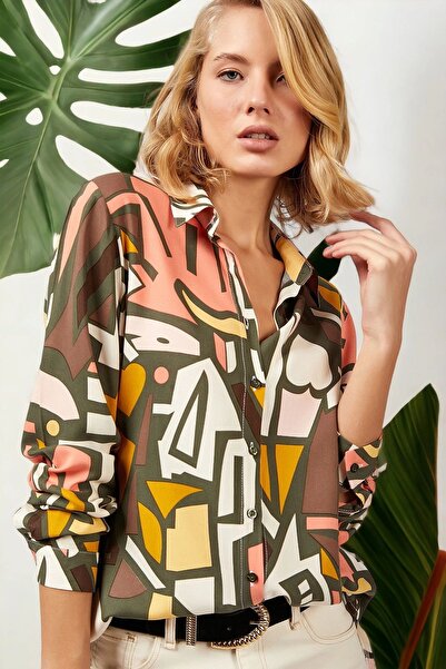 Juuuj Kadın Haki Klasik Yaka Geometrik Desenli Uzun Kol Gömlek (Regular Kesim, Standart Boy)