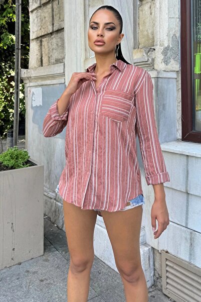 Juuuj Kadın Gül Kurusu Çizgili Desenli, Uzun Kollu, Rahat Kesim, Dokulu Kumaş...