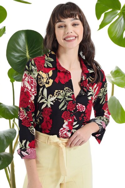 Juuuj Kadın Siyah & Kırmızı Modern Tarz Çiçek Desenli Uzun Kollu Gömlek