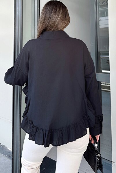 Juuuj Kadın Siyah Eteği Fırfır Ve Yırtmaç Detaylı, Terletmez Rahat Kumaş, Salaş Gömlek ( Pamuklu Keten)