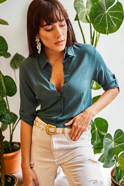 Juuuj Guler clasic verde de damă, mânecă trei sferturi, de bază, obișnuit, că...