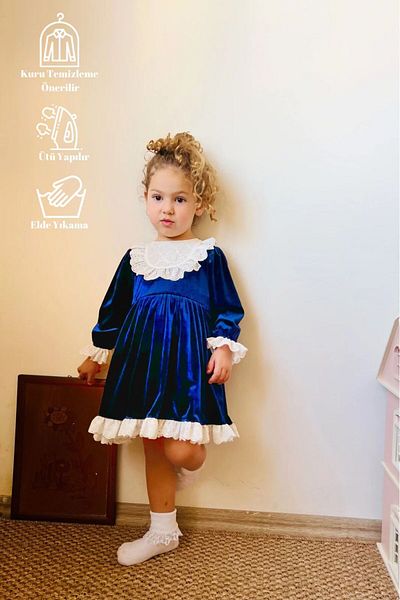 penu baby kids Fusta cu guler din catifea albastru bleumarin și rochie pentru fetiță pentru fetiță cu dantelă la capătul mânecilor-LİA