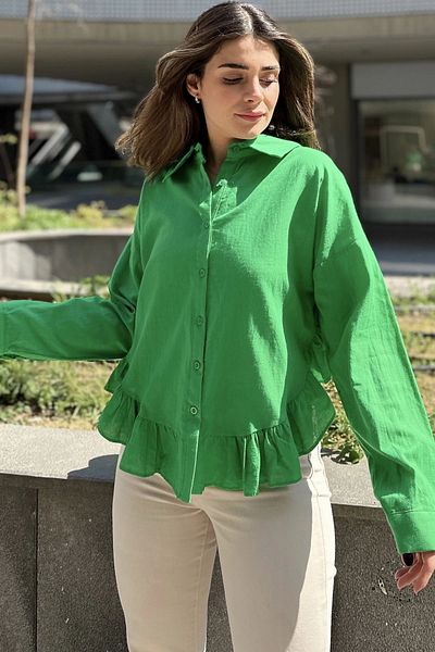 NEW LAVİVA Cămașă verde pentru femei - Fustă cu volan, Detaliu cu fante, țesătură anti - transpirație, lejeră (in bumbac)