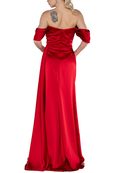 Arden Uzun Abiye Elbise, Saten Madonna Yaka, Taş Detay, Yırtmaçlı, Düğün, Nişan, Mezuniyet Elbisesi, 38-44